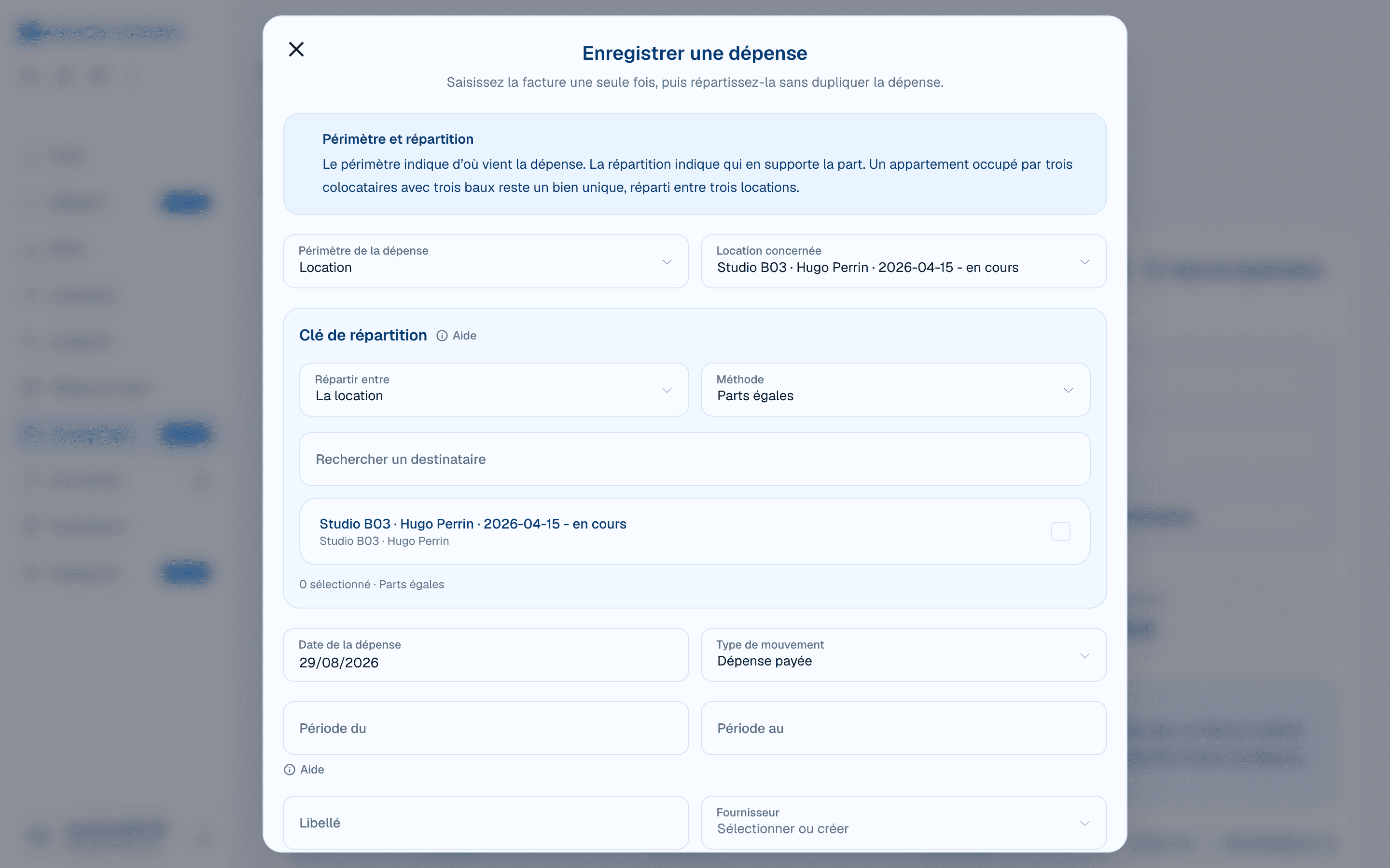 Formulaire d’enregistrement d’une dépense dans DOORA DOORA