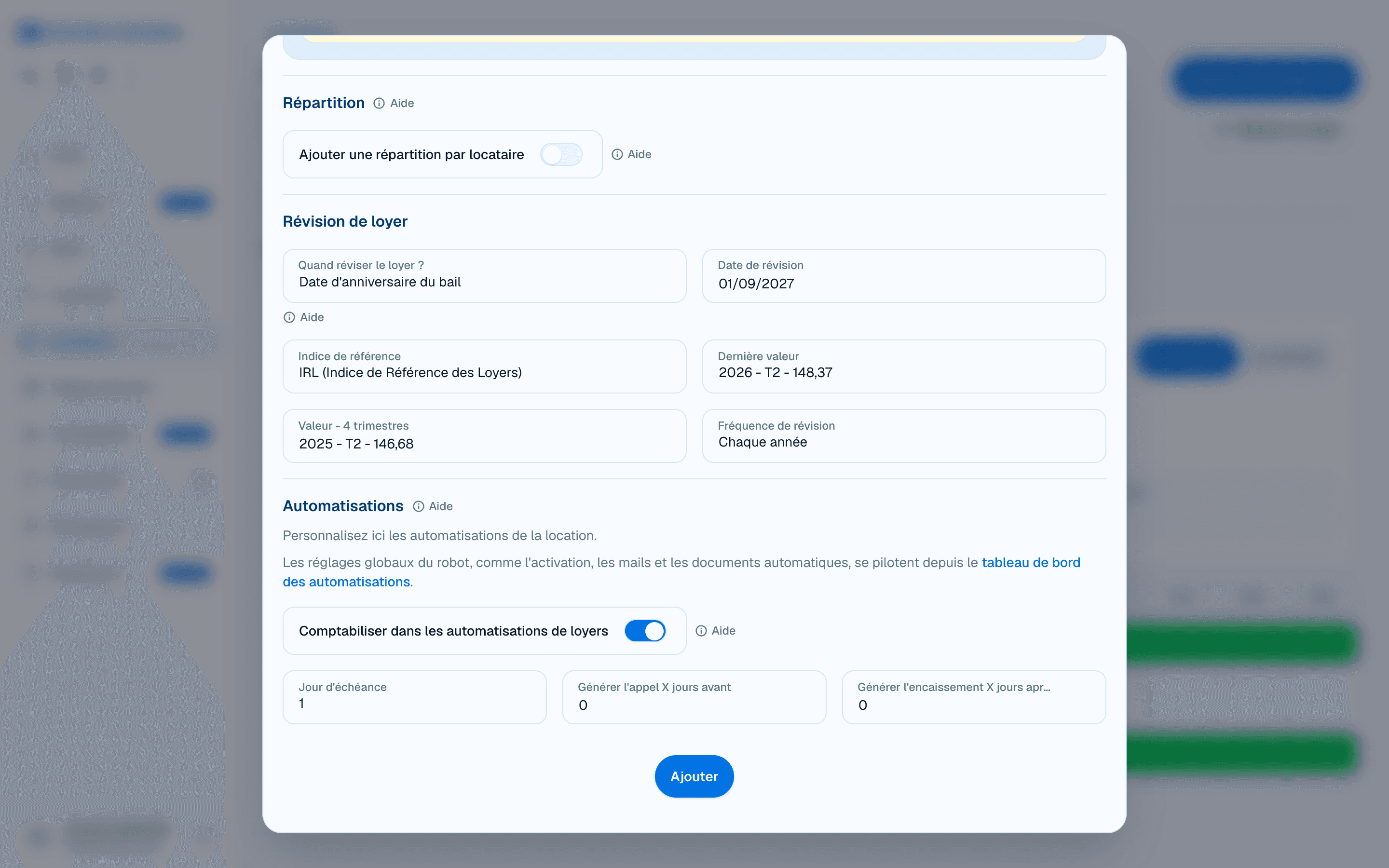 Révision annuelle du loyer et automatisations configurées pour une location DOORA DOORA