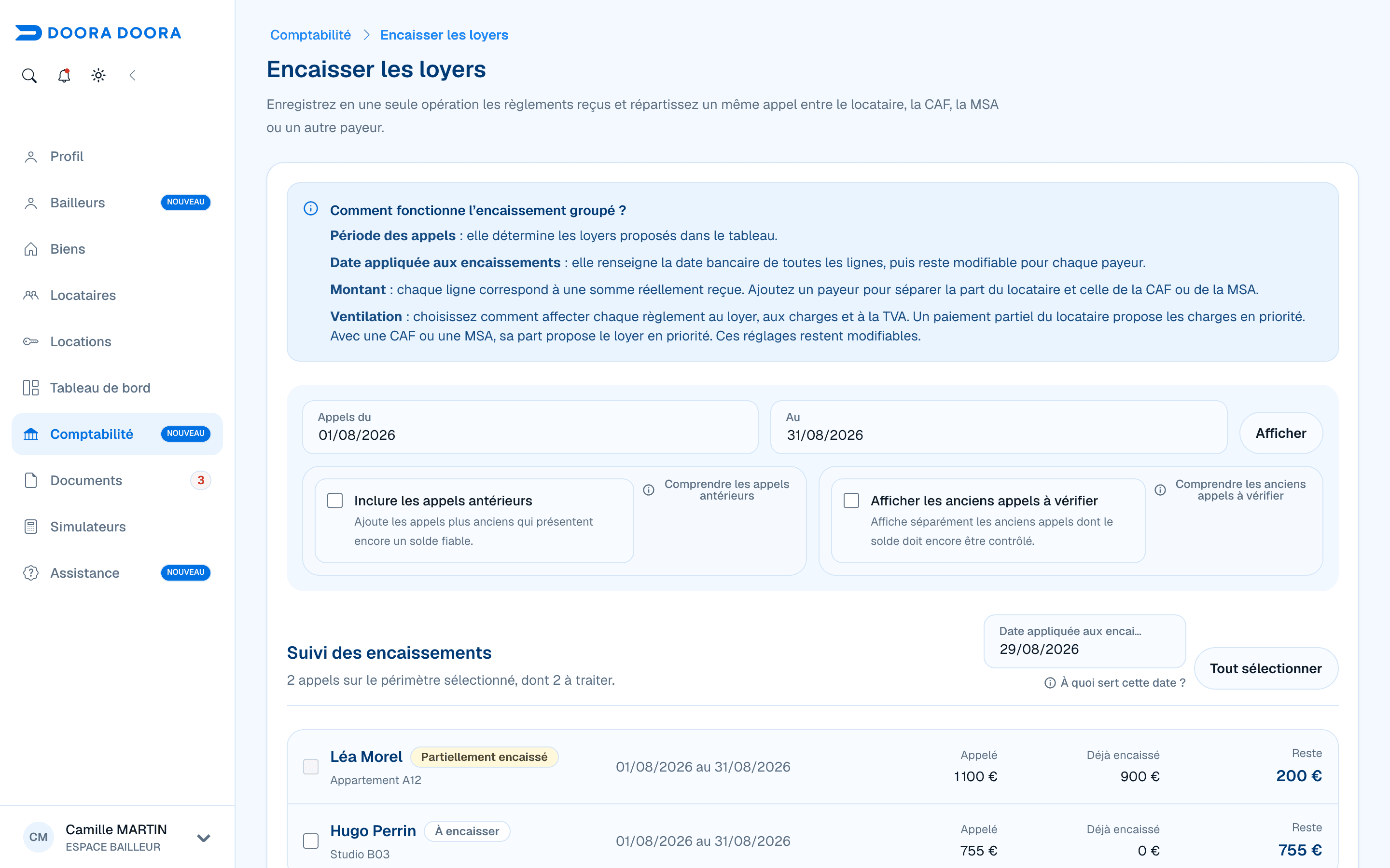 Suivi et saisie groupée des encaissements de loyers dans DOORA DOORA