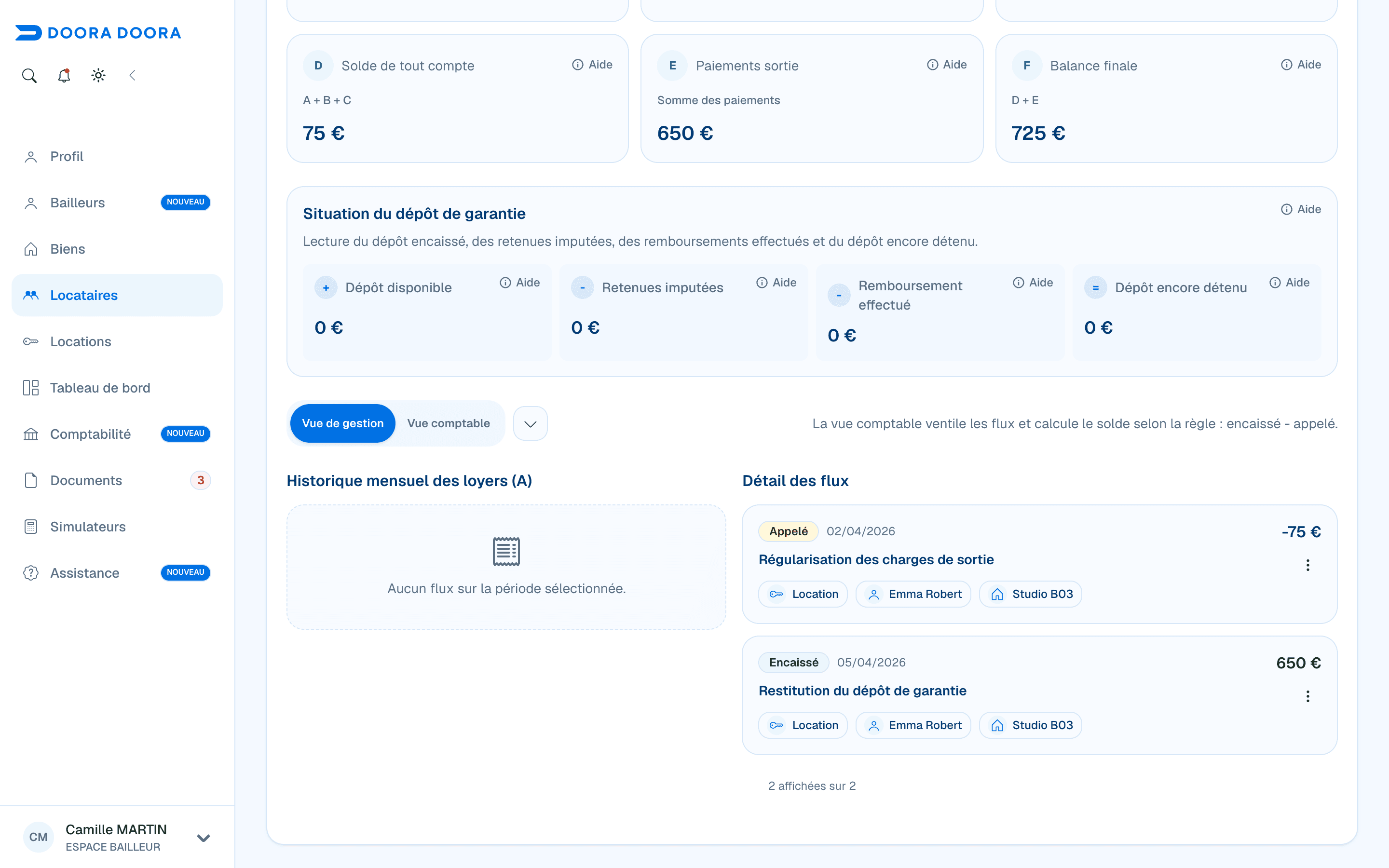 Consulter les ajustements et paiements de sortie dans DOORA DOORA