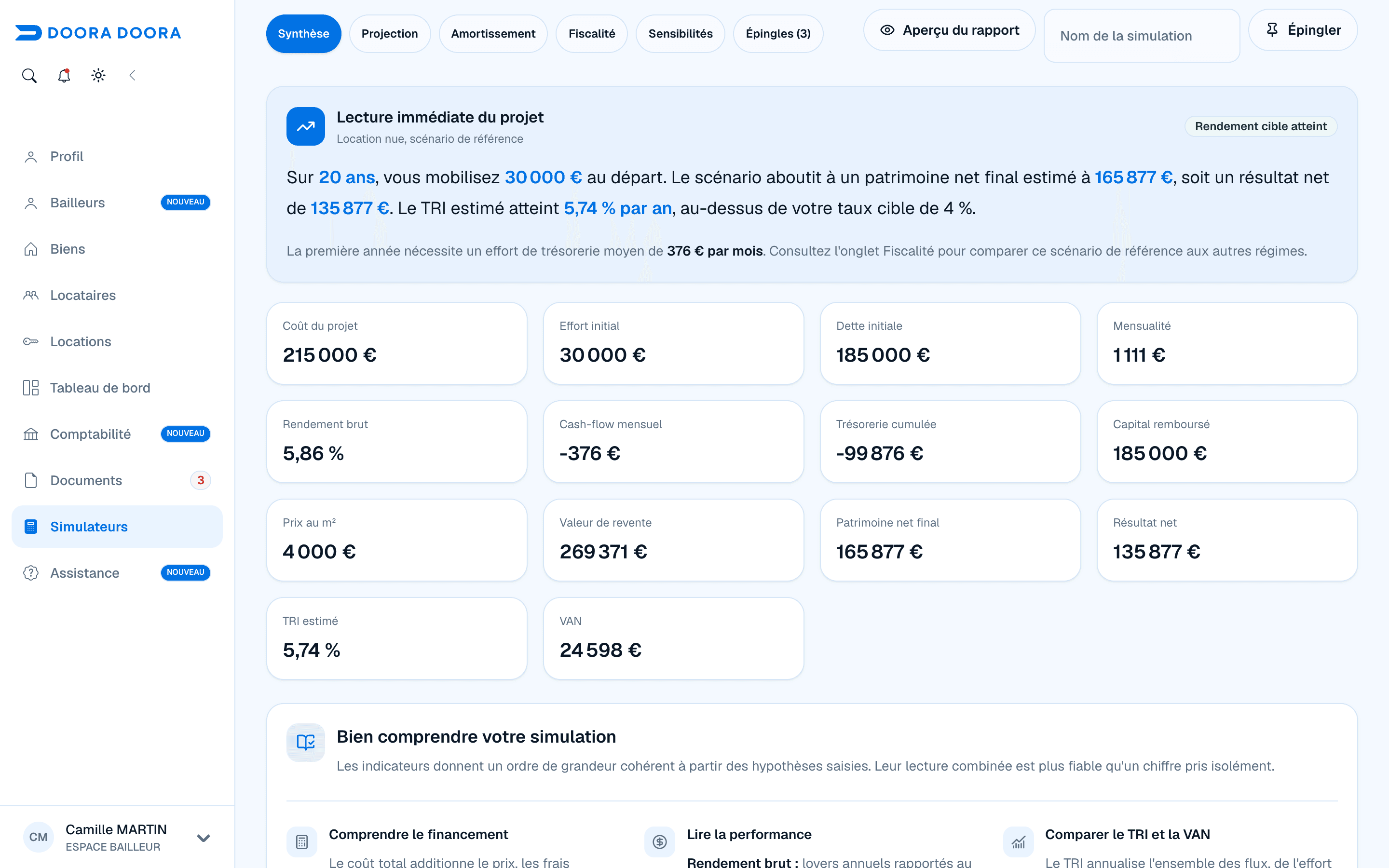 Synthèse des indicateurs financiers d’une simulation immobilière dans DOORA DOORA