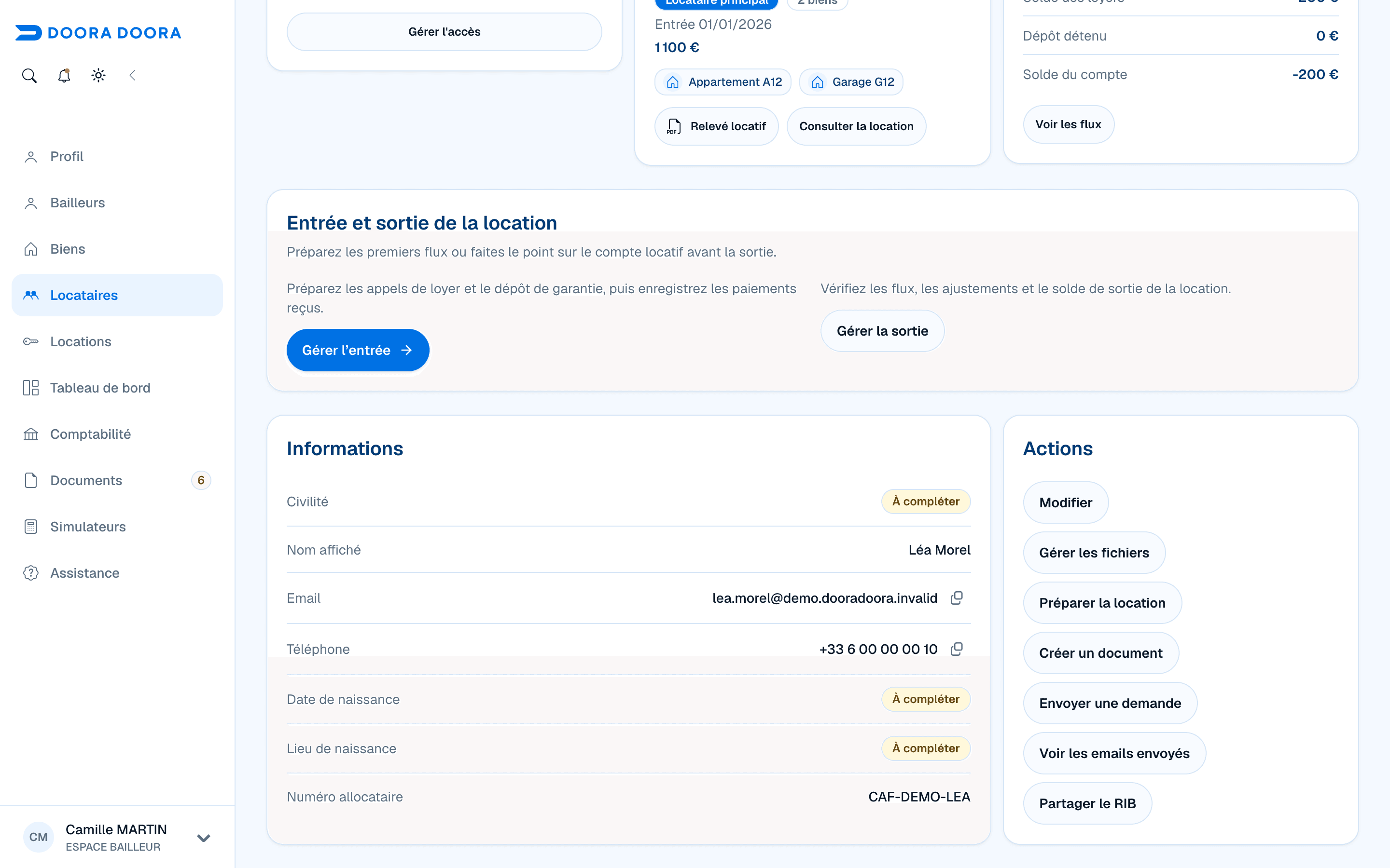 Synthèse du locataire, entrée et sortie de la location