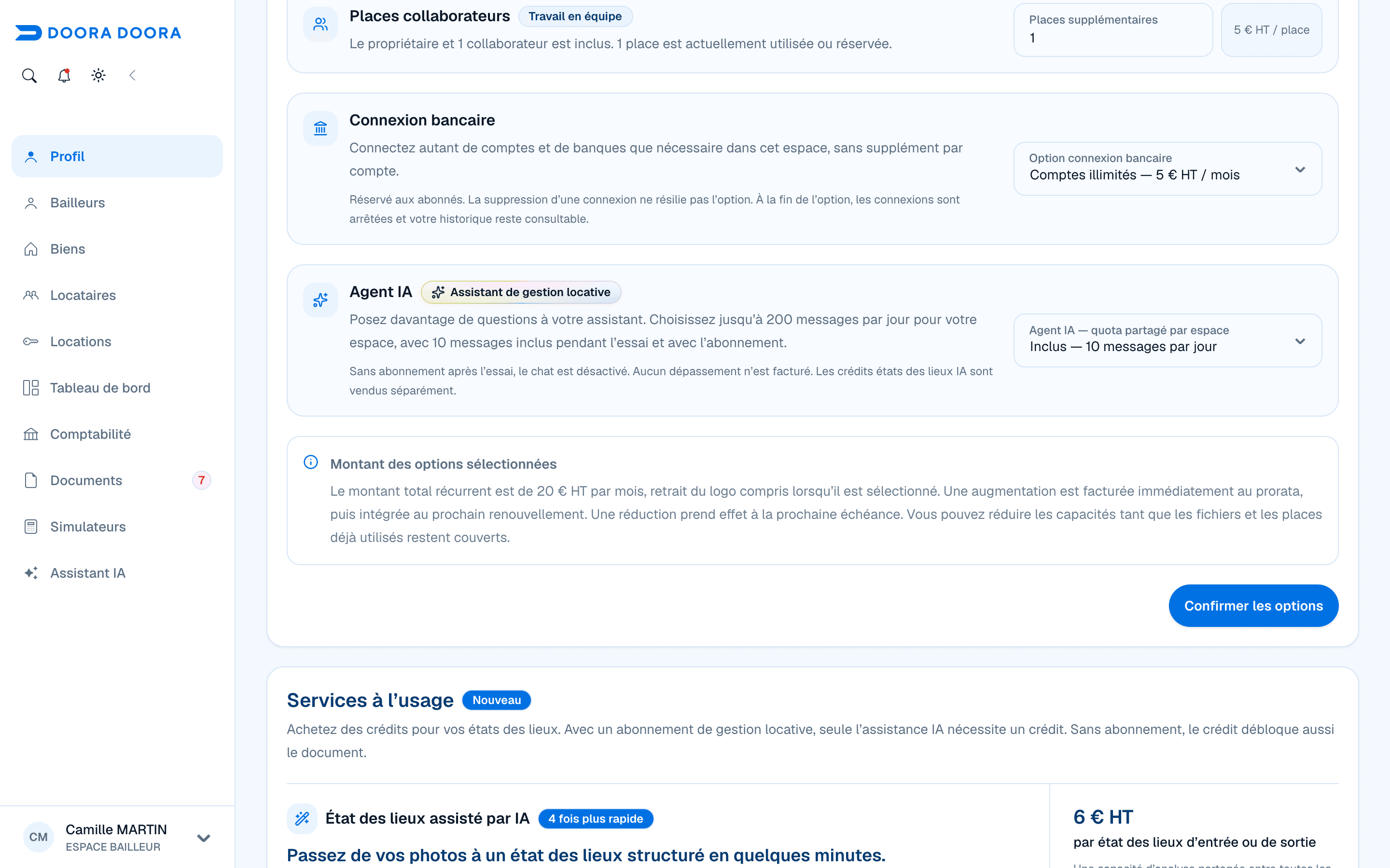 Option Connexion bancaire dans l’abonnement du compte fictif Camille Martin