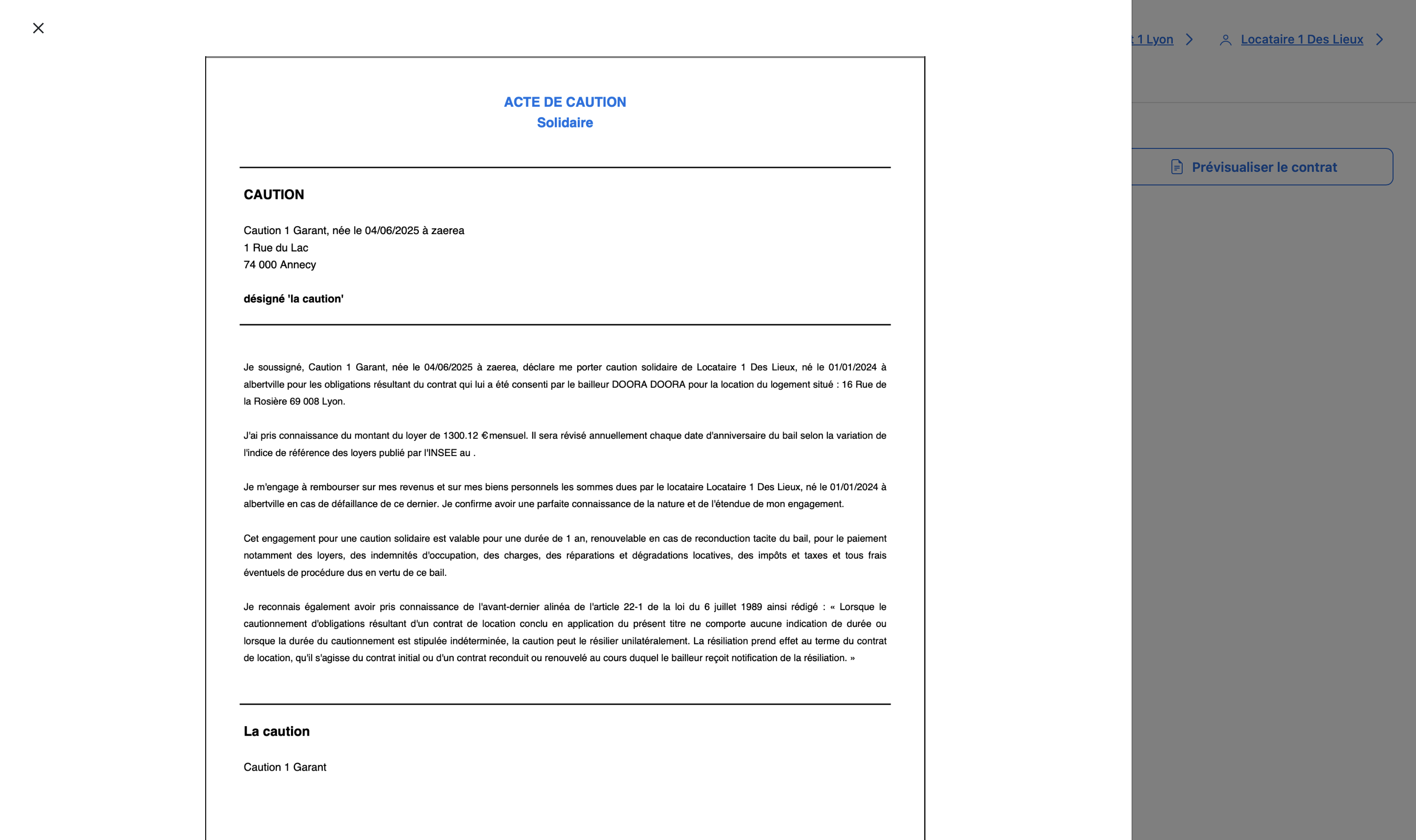 acte de caution DOORA DOORA