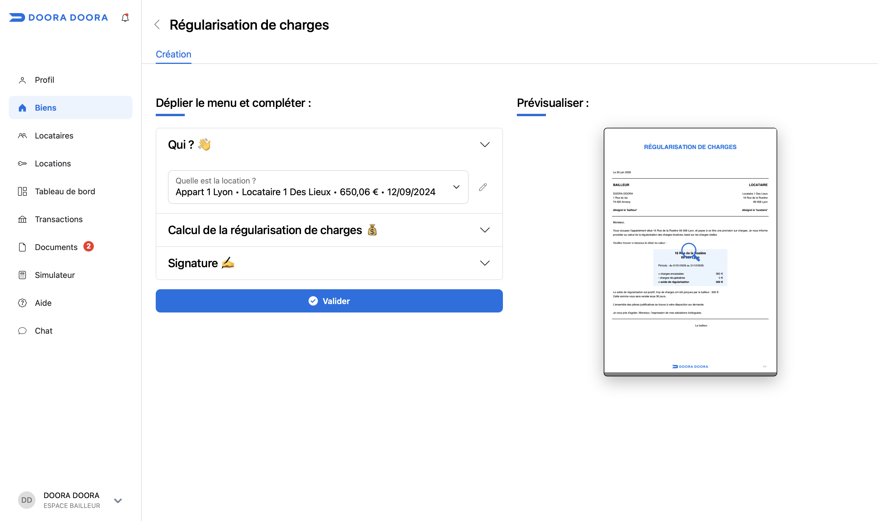 régularisation de charges DOORA DOORA