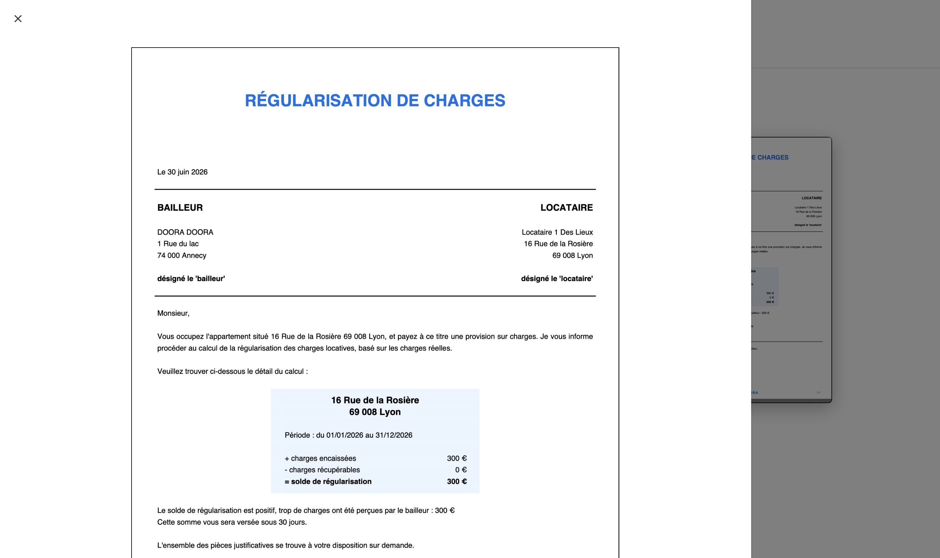 prévisualisation régularisation de charges DOORA DOORA