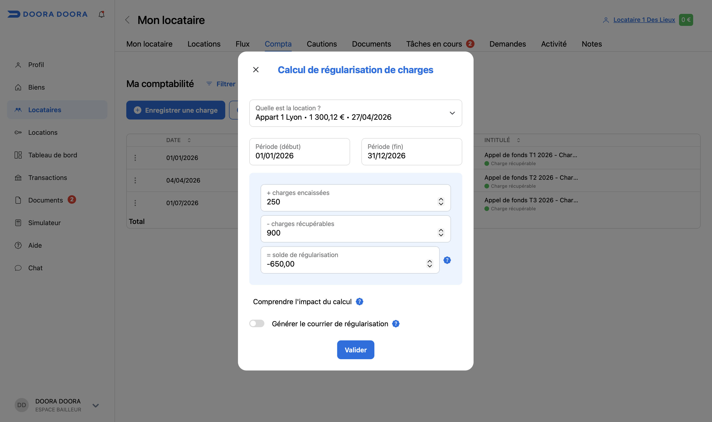régularisation de charges DOORA DOORA