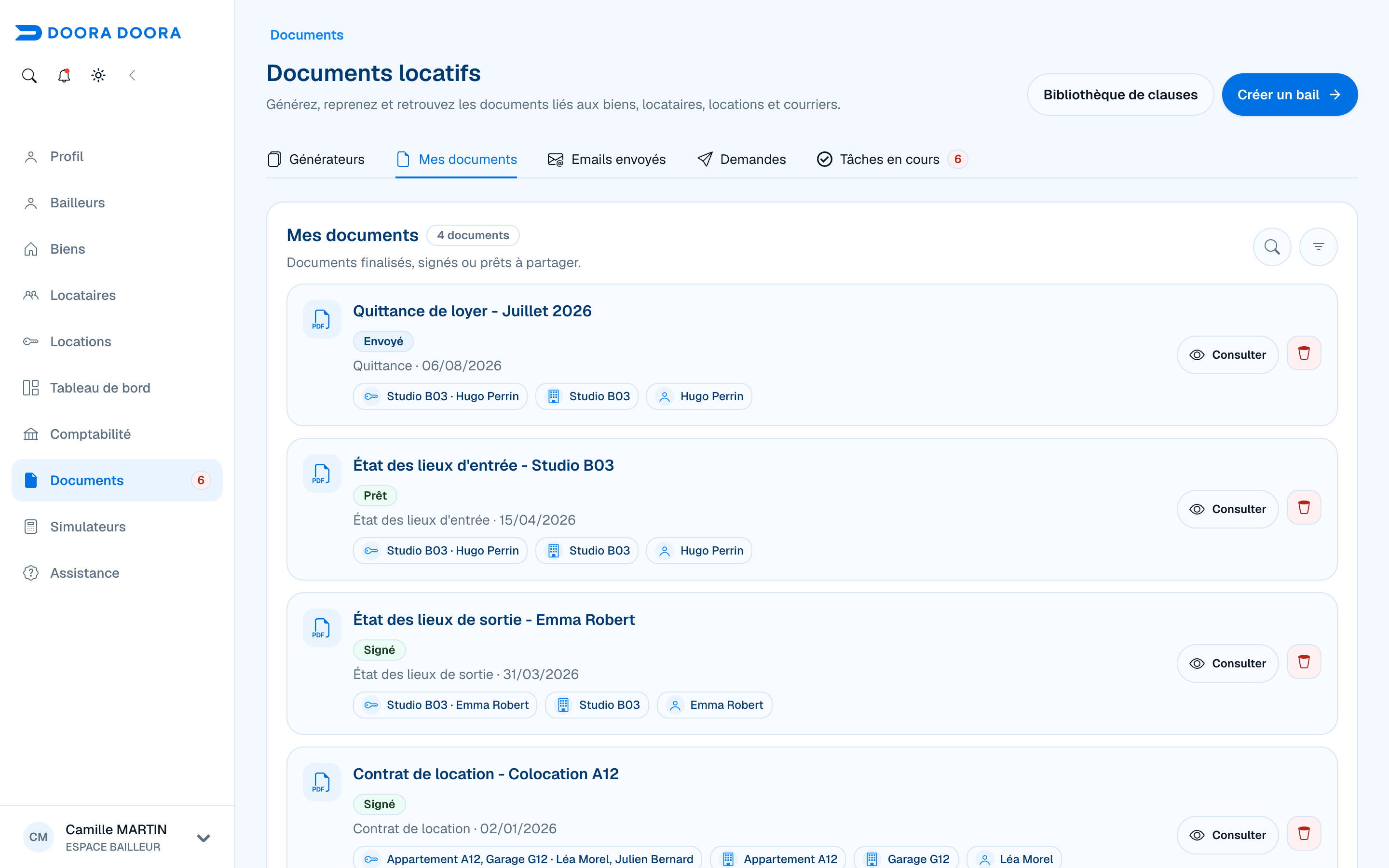 Liste des documents locatifs, statuts et liens vers les biens, locataires et locations